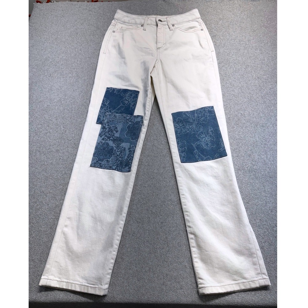 Style & Co Straight Leg Jeans Womens 8 White Floral Patchwork Denim Boho Artisan